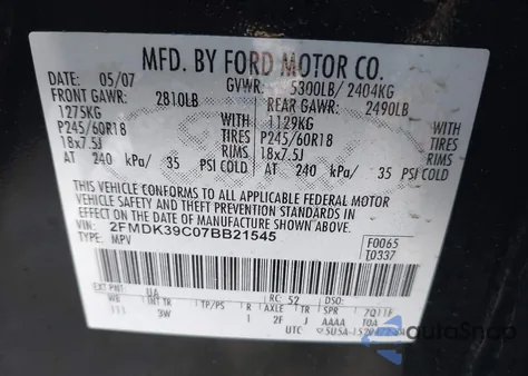 2007 Ford Edge Sel Plus from USA, damaged, VIN 2FMDK39C07BB21545